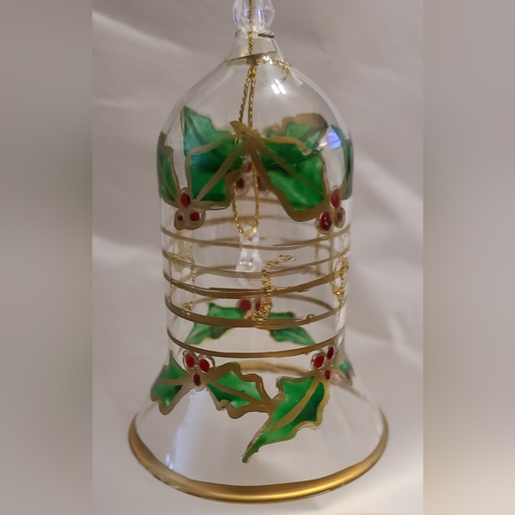 Vtg Clear Glass bell Hand Painted w/Gold Detail Glitter Holly Berries Music Symb - Picture 1 of 5